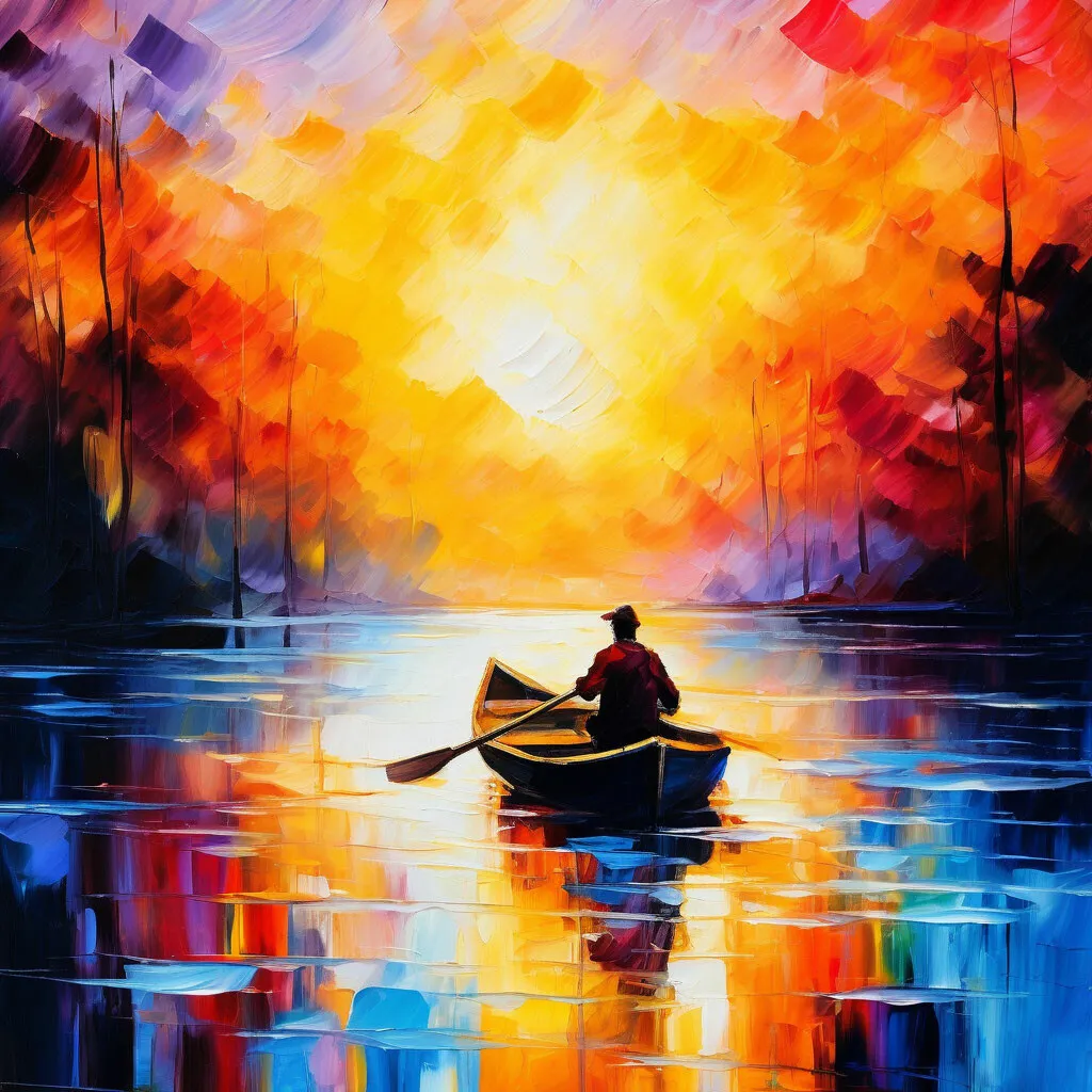 a man in a boat at sunset, by Leonid Afremov (Russia)