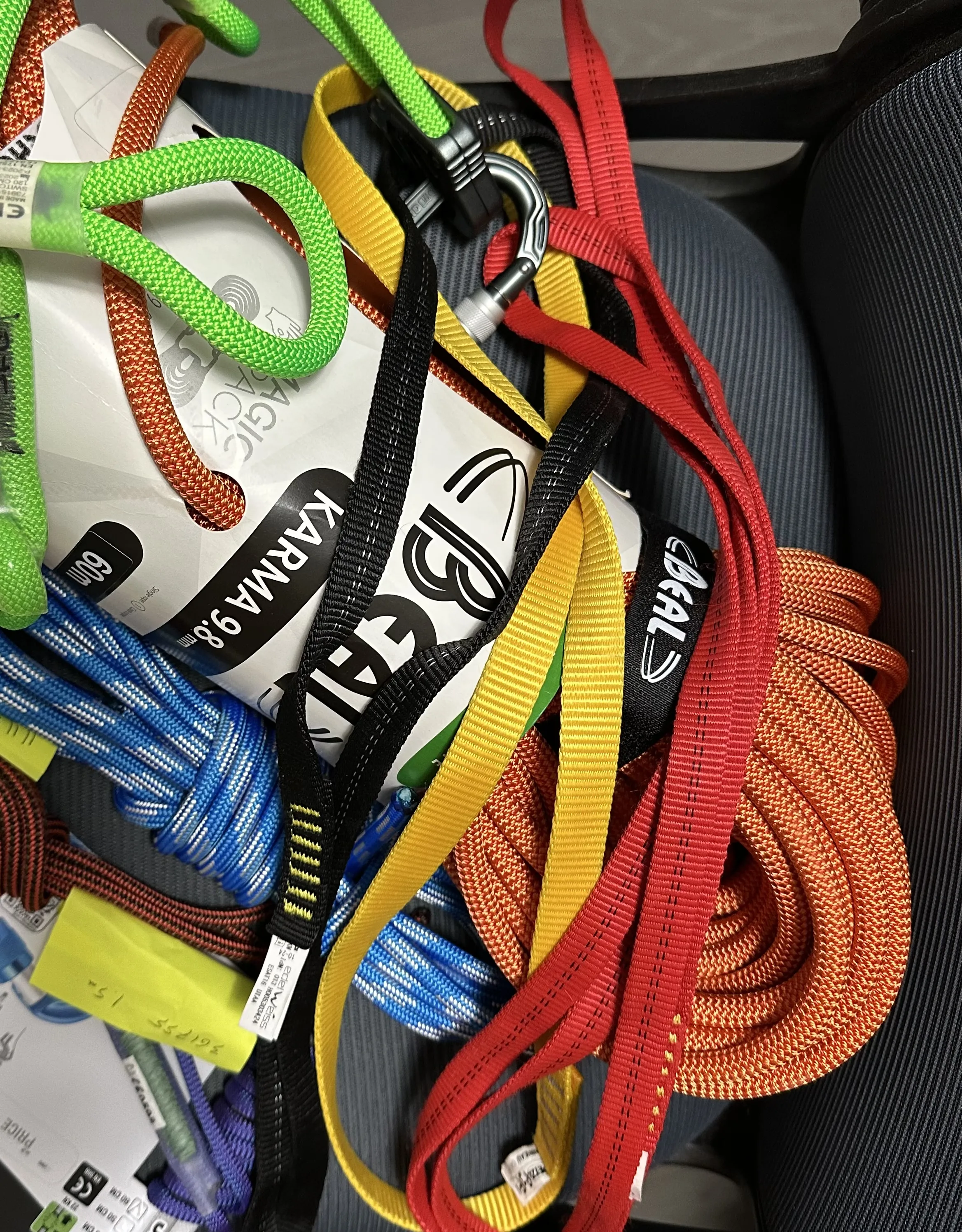 Colorful climbing gear