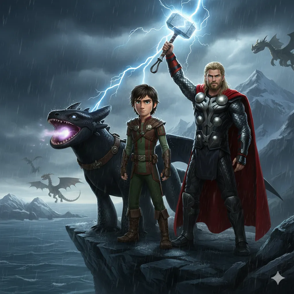 Hiccup, Toothless and Thor