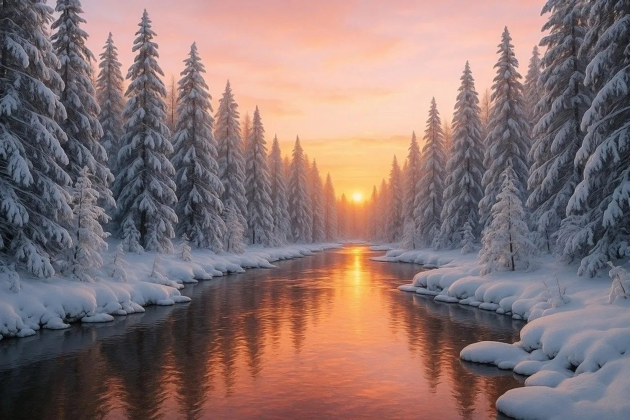 Winter Sunset in Forest