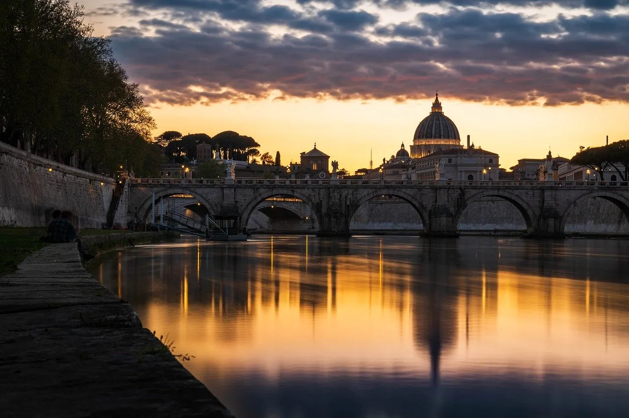 Sunset over historic cityscape
