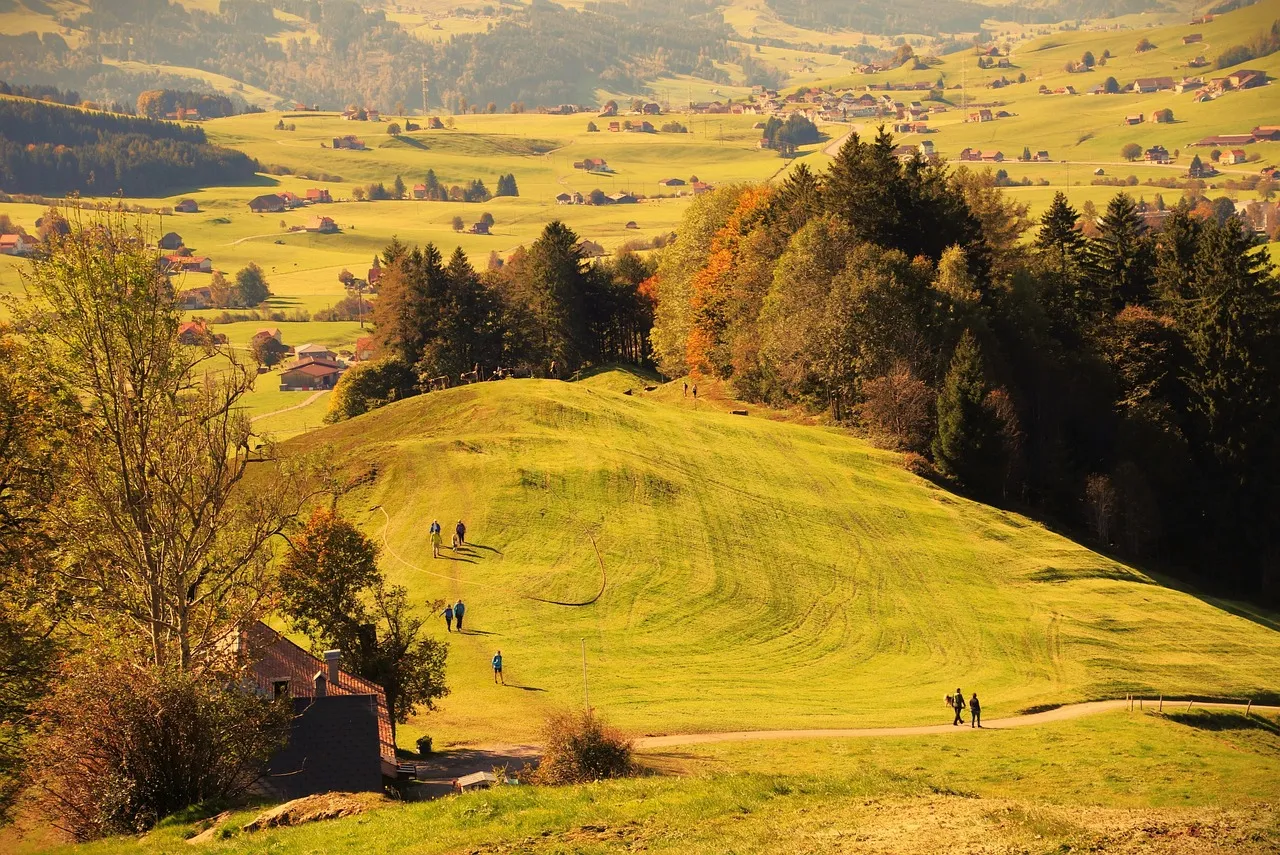 Hillside with people walking