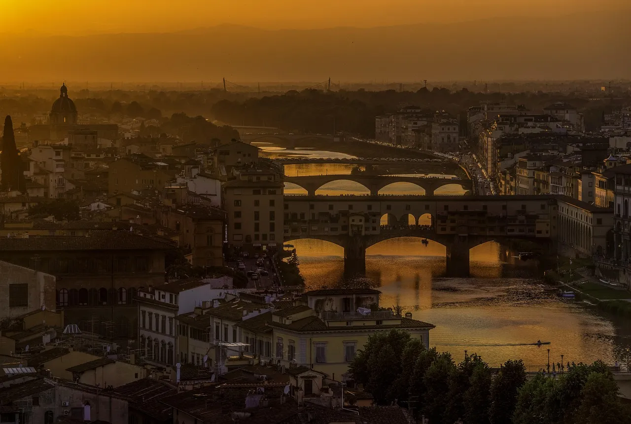 Sunset over historic cityscape